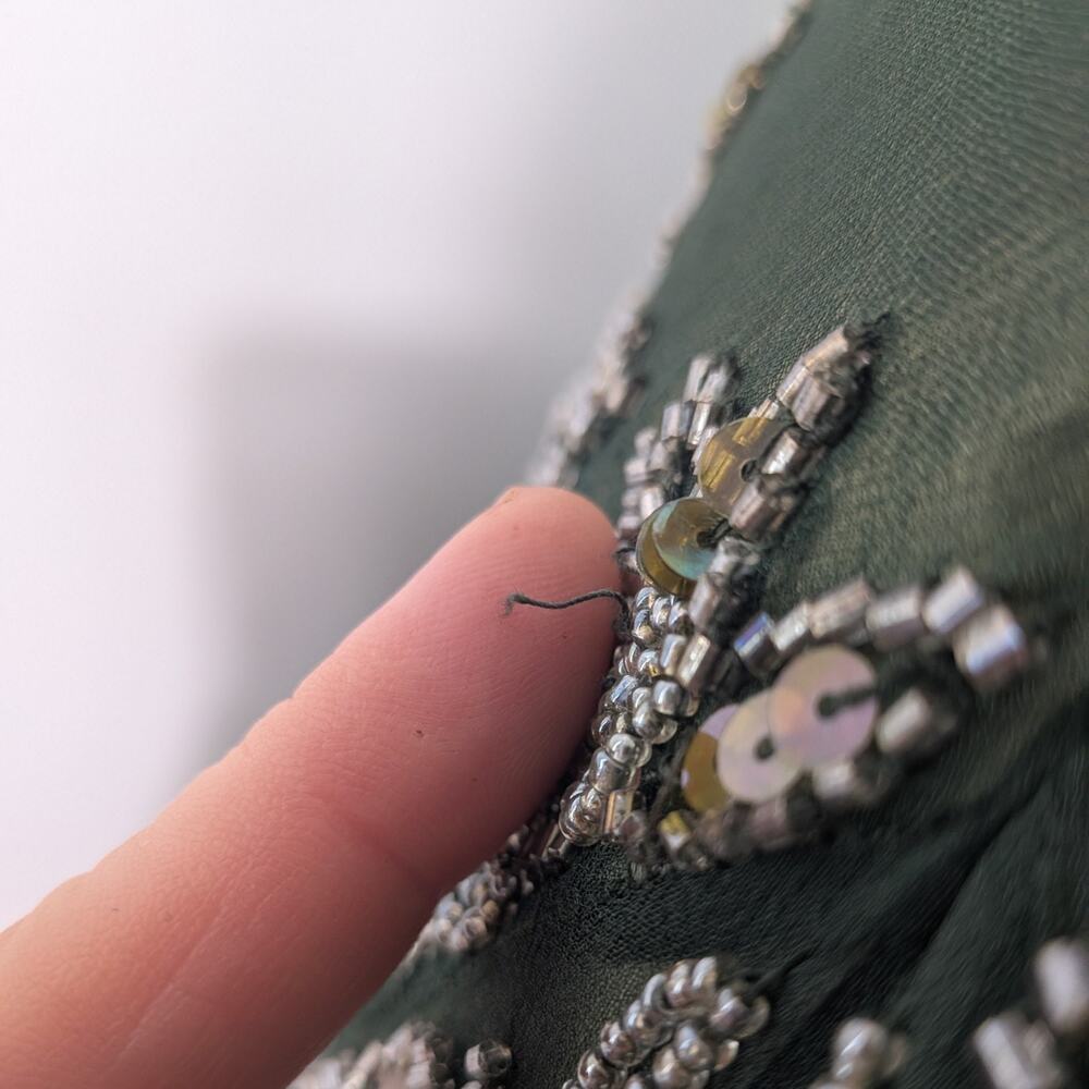 Vintage Scala Midi Dress Cocktail Gown XL Green Silk Bead Gatsby Fairy Grunge - Picture 15 of 16